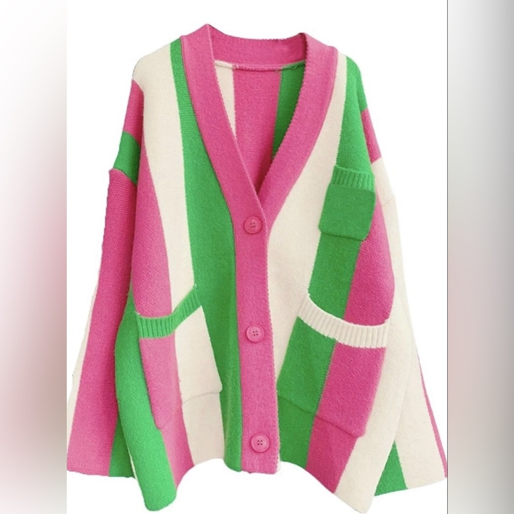 Chunky, Oversized Colorful Striped Women's Cardigan Sweater-Size S NWT